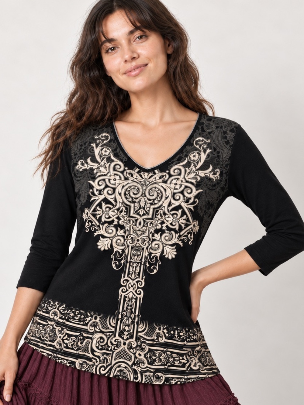 Y2K Skinny Minnie Rhinestone Graphic Top Baroque Cross Print Ruched 3/4 Sleeve